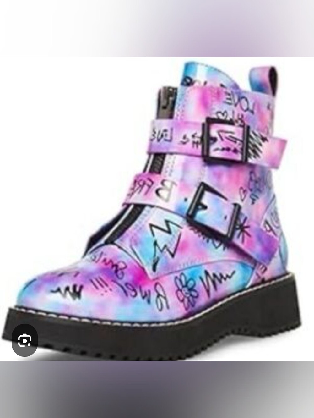 Youth Steve Madden Wordup Combat Boots Pink/Purple Graffiti Art Buckle Straps
